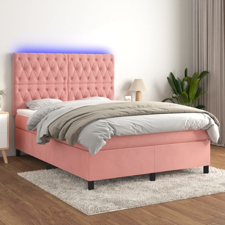 kontinentalseng med LED-lys 140x190 cm fløjl lyserød