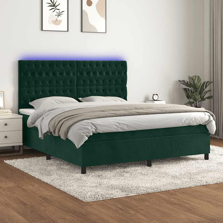 kontinentalseng med LED-lys 180x200 cm fløjl mørkegrøn