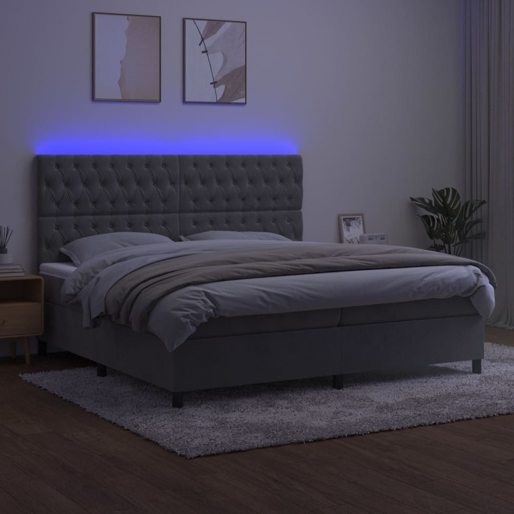 kontinentalseng med LED-lys 200x200 cm fløjl lysegrå