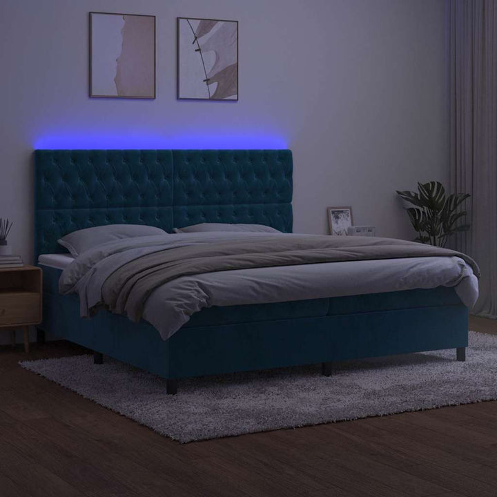 kontinentalseng med LED-lys 200x200 cm fløjl mørkeblå
