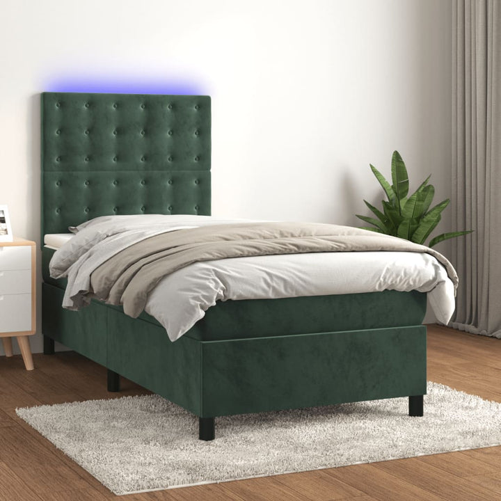 kontinentalseng med LED-lys 80x200 cm velour mørkegrøn