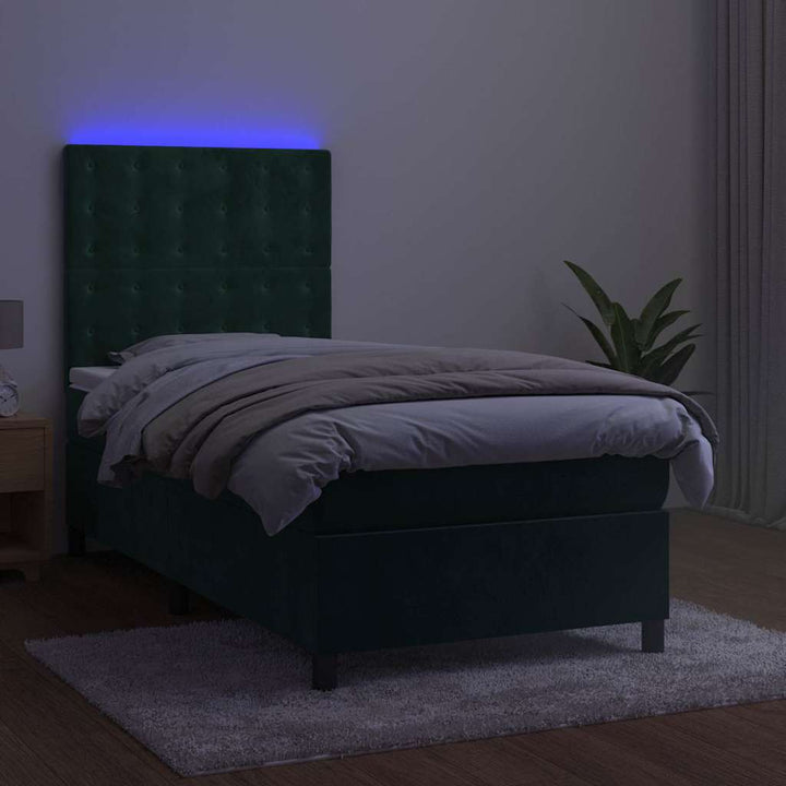 kontinentalseng med LED-lys 100x200 cm fløjl mørkegrøn