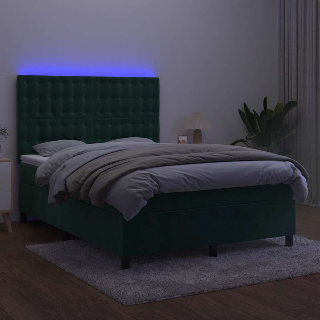kontinentalseng med LED-lys 140x190 cm fløjl mørkegrøn