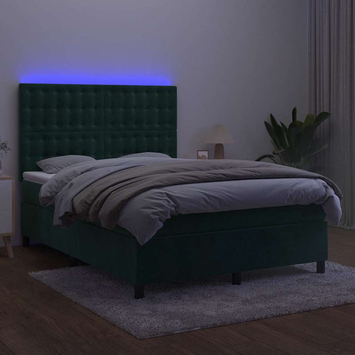 kontinentalseng med LED-lys 140x190 cm fløjl mørkegrøn
