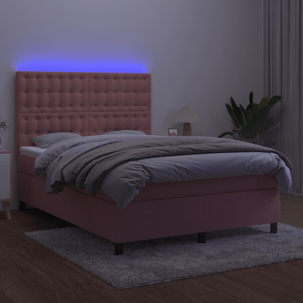 kontinentalseng med LED-lys 140x190 cm fløjl lyserød