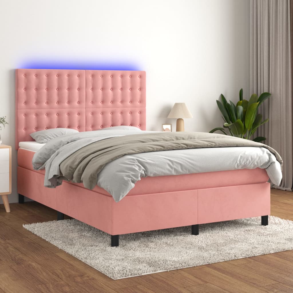 kontinentalseng med LED-lys 140x190 cm fløjl lyserød
