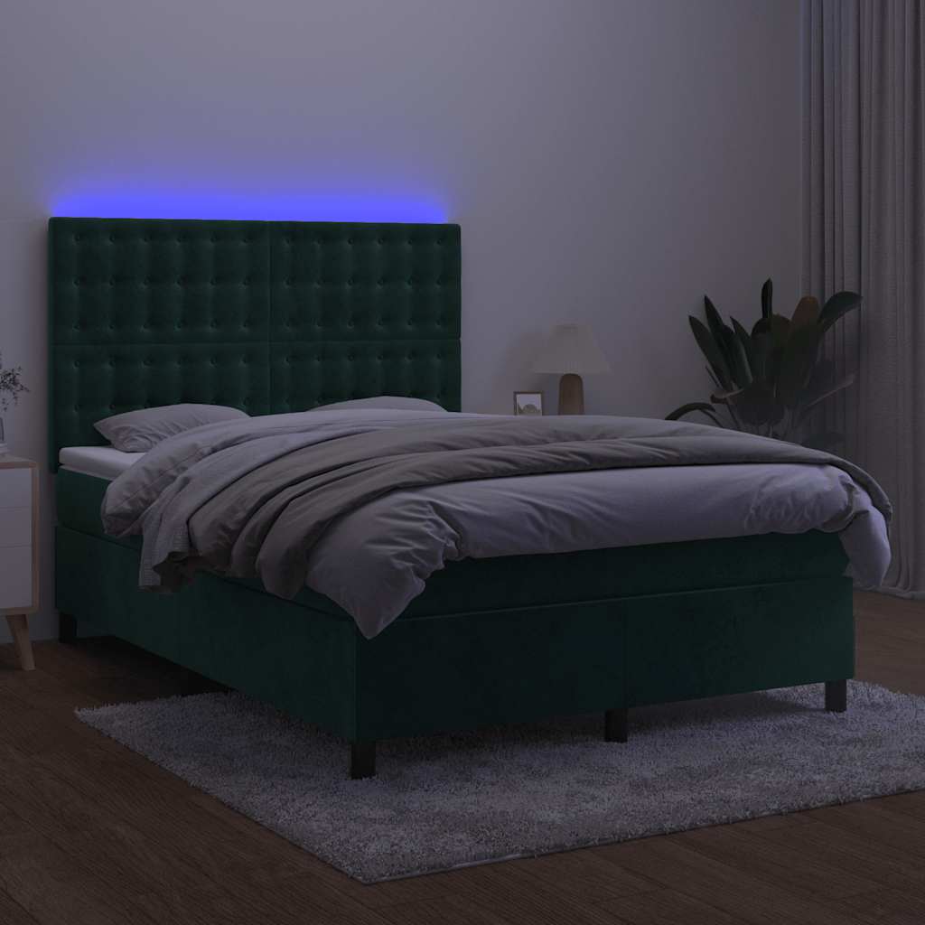 kontinentalseng med LED-lys 140x200 cm fløjl mørkegrøn