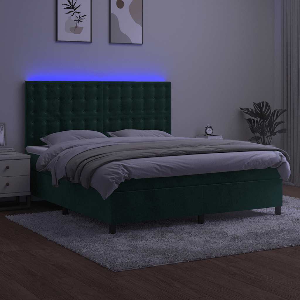 kontinentalseng med LED-lys 160x200 cm fløjl mørkegrøn