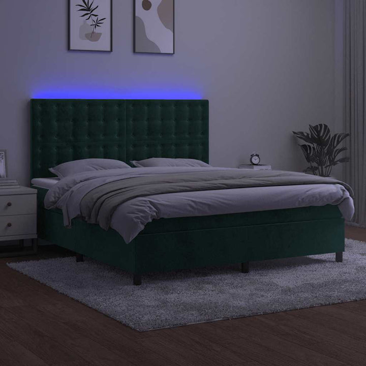 kontinentalseng med LED-lys 160x200 cm fløjl mørkegrøn