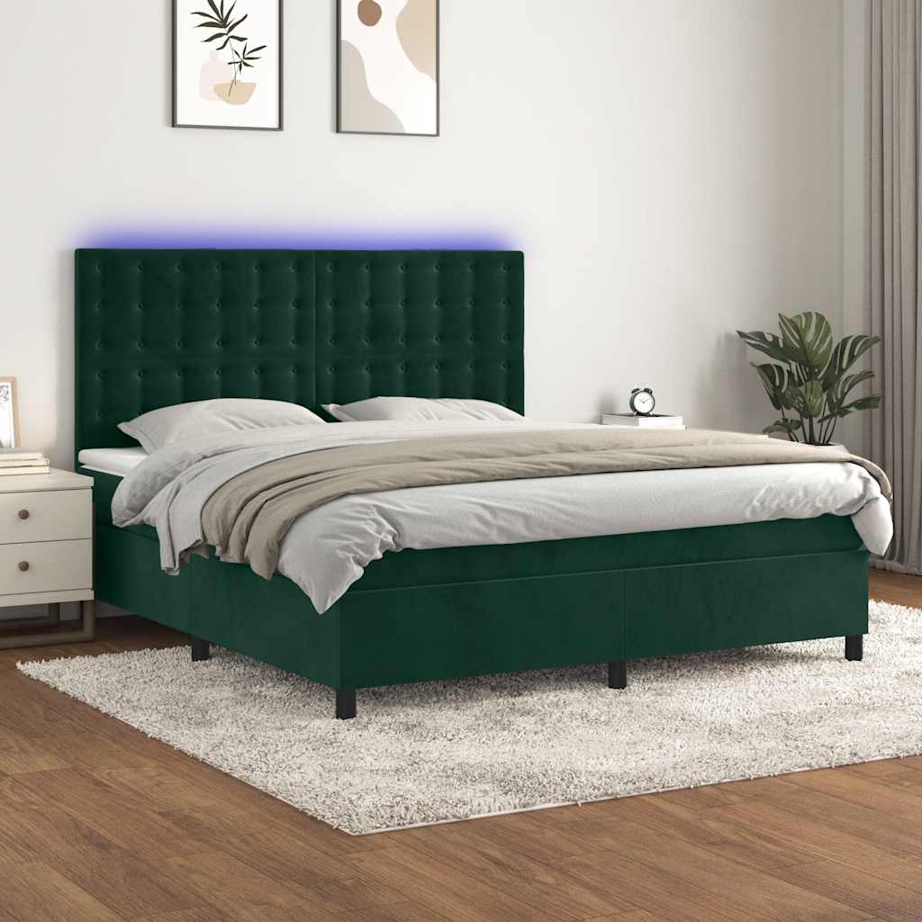 kontinentalseng med LED-lys 160x200 cm fløjl mørkegrøn