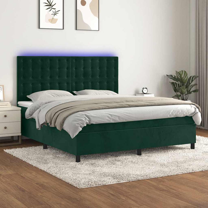 kontinentalseng med LED-lys 160x200 cm fløjl mørkegrøn