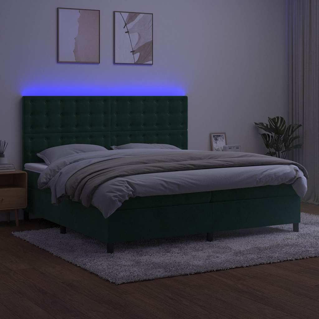 kontinentalseng med LED-lys 200x200 cm fløjl mørkegrøn