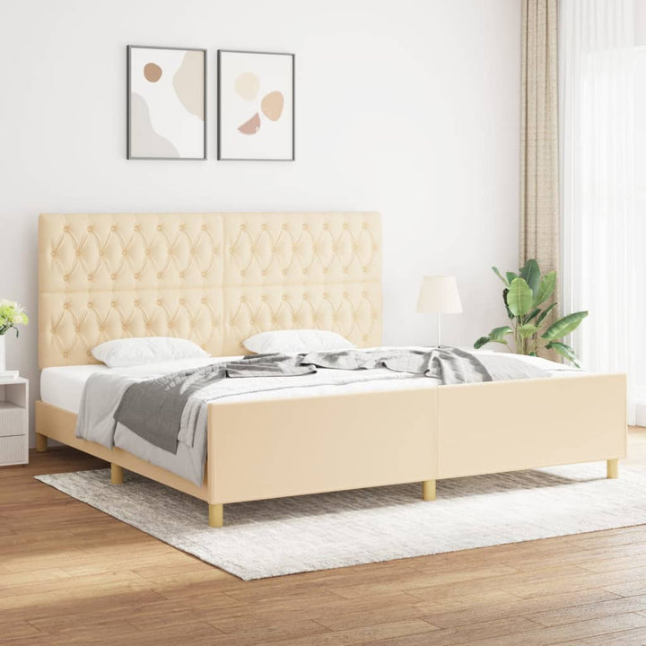 sengeramme med sengegavl 200x200 cm stof cremefarvet