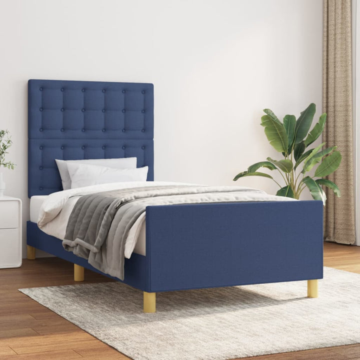 sengeramme med sengegavl 90x190 cm stof blå