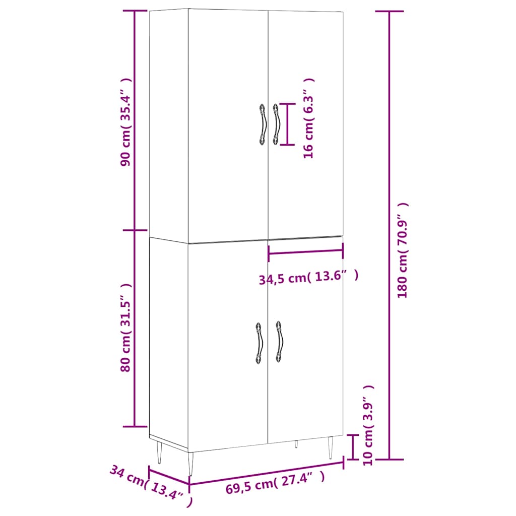 højskab 69,5x34x180 cm konstrueret træ betongrå