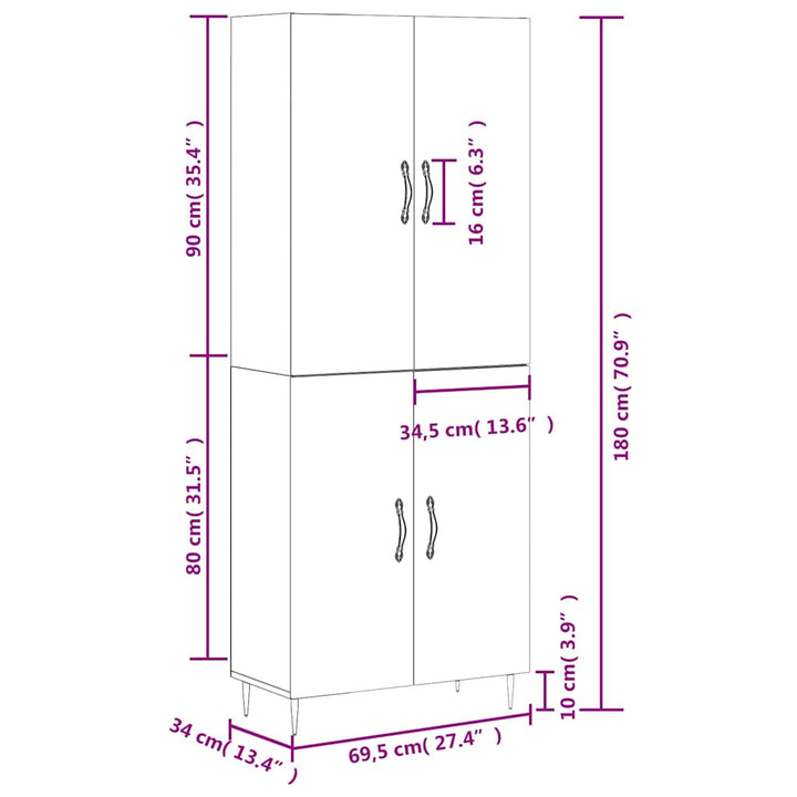 højskab 69,5x34x180 cm konstrueret træ betongrå
