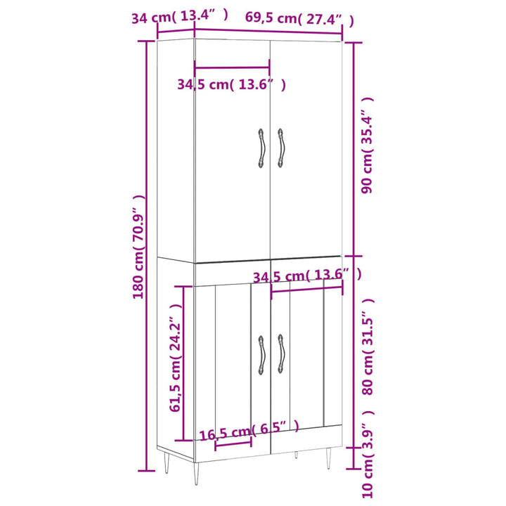 højskab 69,5x34x180 cm konstrueret træ betongrå