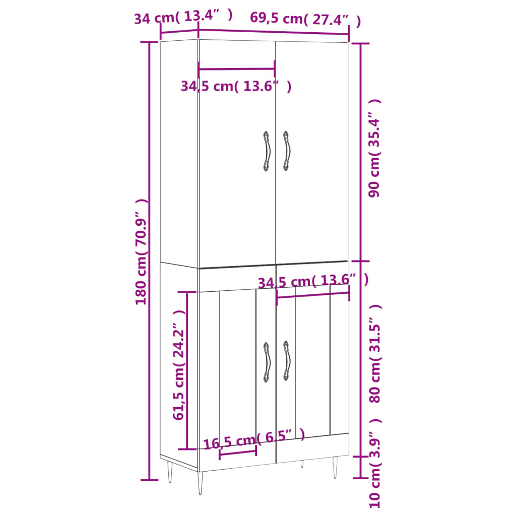 højskab 69,5x34x180 cm konstrueret træ røget egetræsfarve