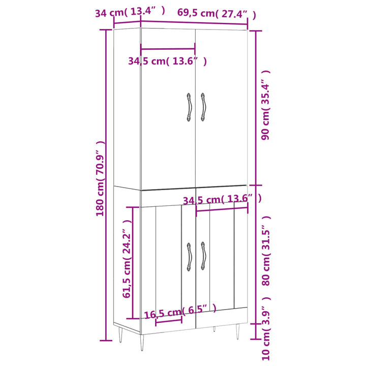 højskab 69,5x34x180 cm konstrueret træ røget egetræsfarve