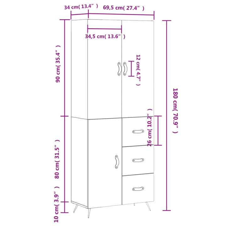 højskab 69,5x34x180 cm konstrueret træ røget egetræsfarve