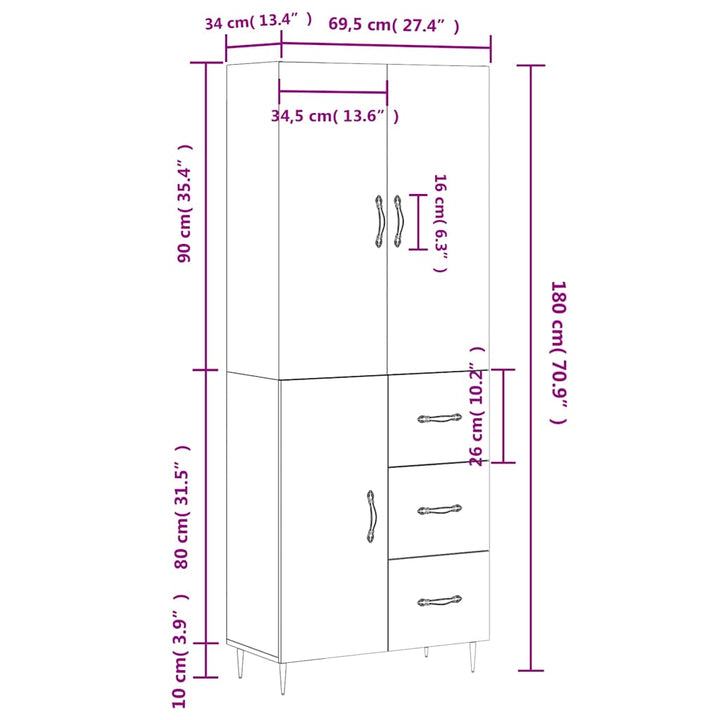 højskab 69,5x34x180 cm konstrueret træ betongrå