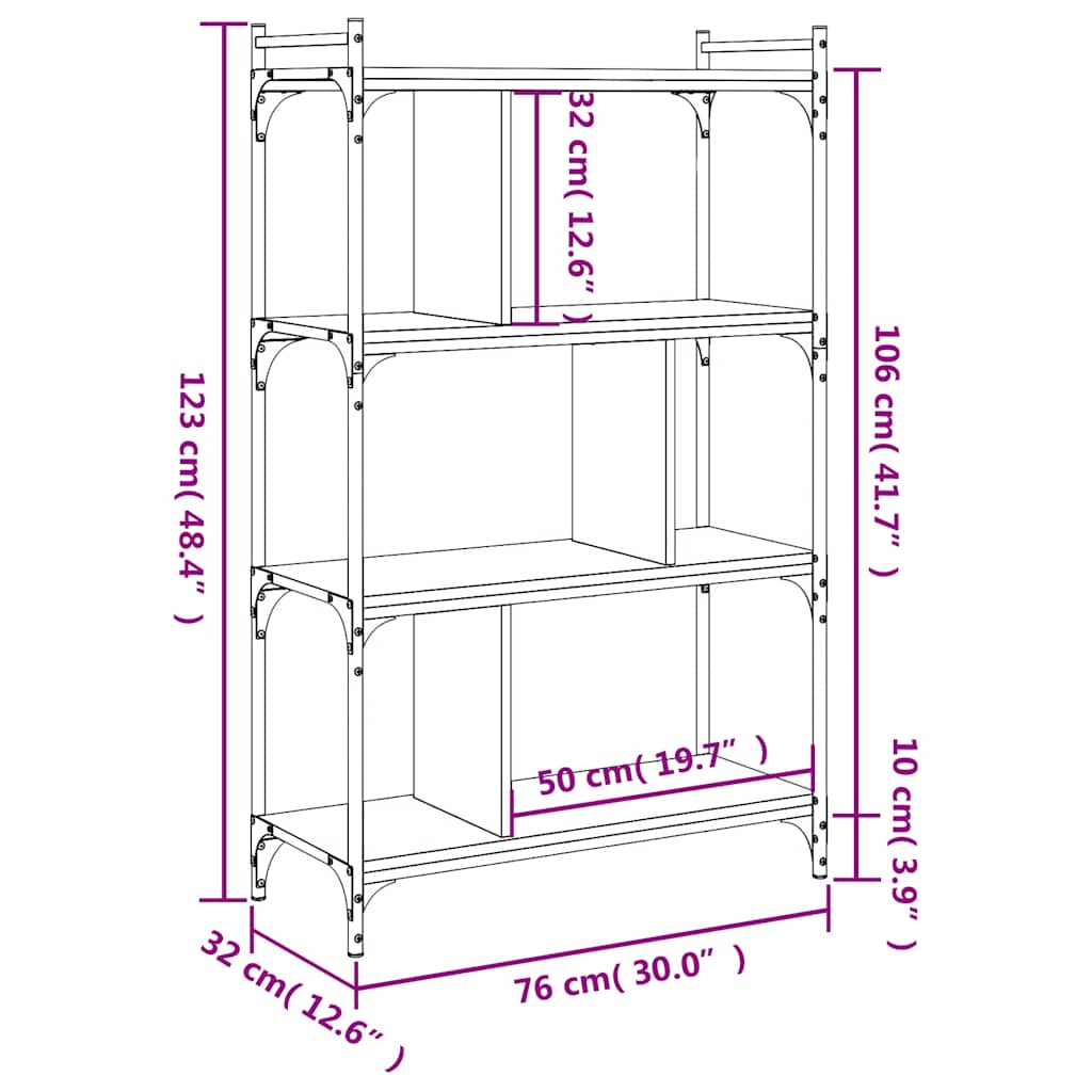 bogreol 76x32x123 cm 4 hylder konstrueret træ brunt eg