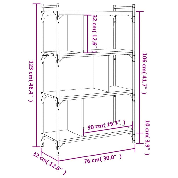 bogreol 76x32x123 cm 4 hylder konstrueret træ brunt eg
