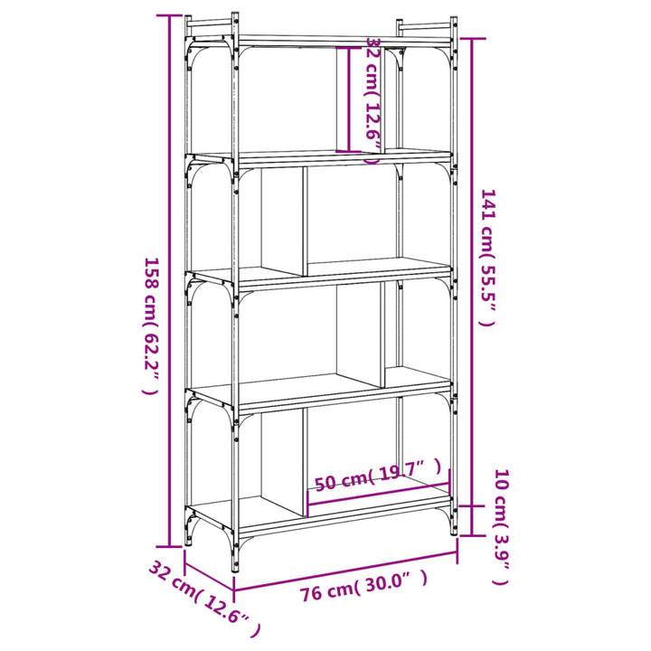 bogreol med 5 hylder 76x32x158 cm konstrueret træ sort