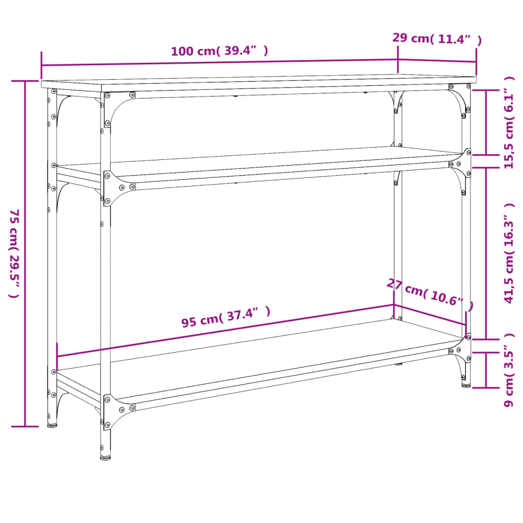 konsolbord 100x29x75 cm konstrueret træ sort