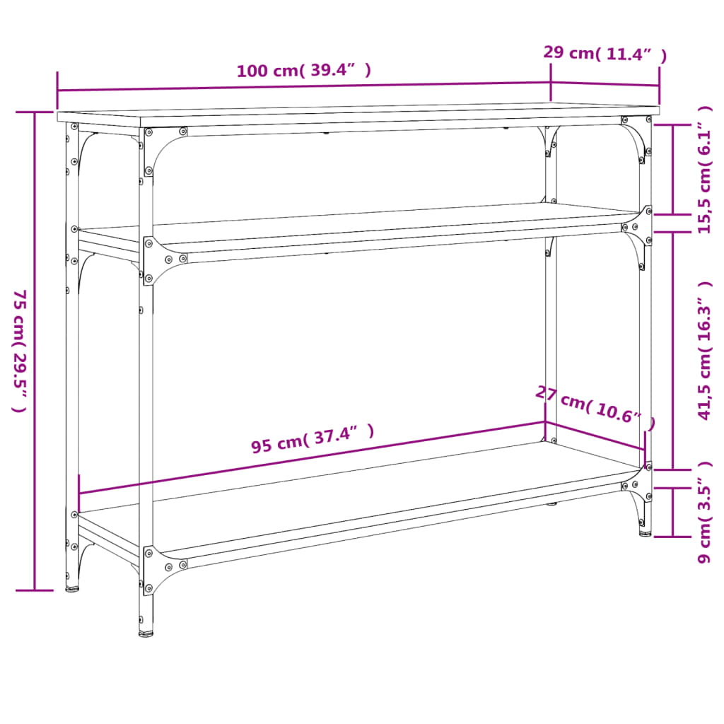 konsolbord 100x29x75 cm konstrueret træ røget egetræsfarve