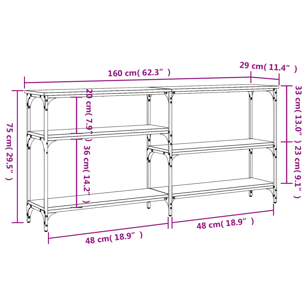 konsolbord 160x29x75 cm konstrueret træ brun egetræ
