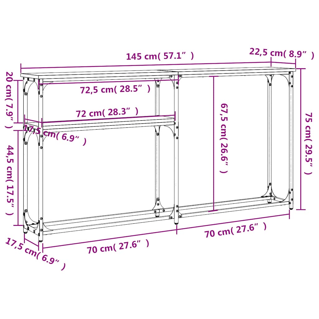 konsolbord 145x22,5x75 cm konstrueret træ sonoma-eg