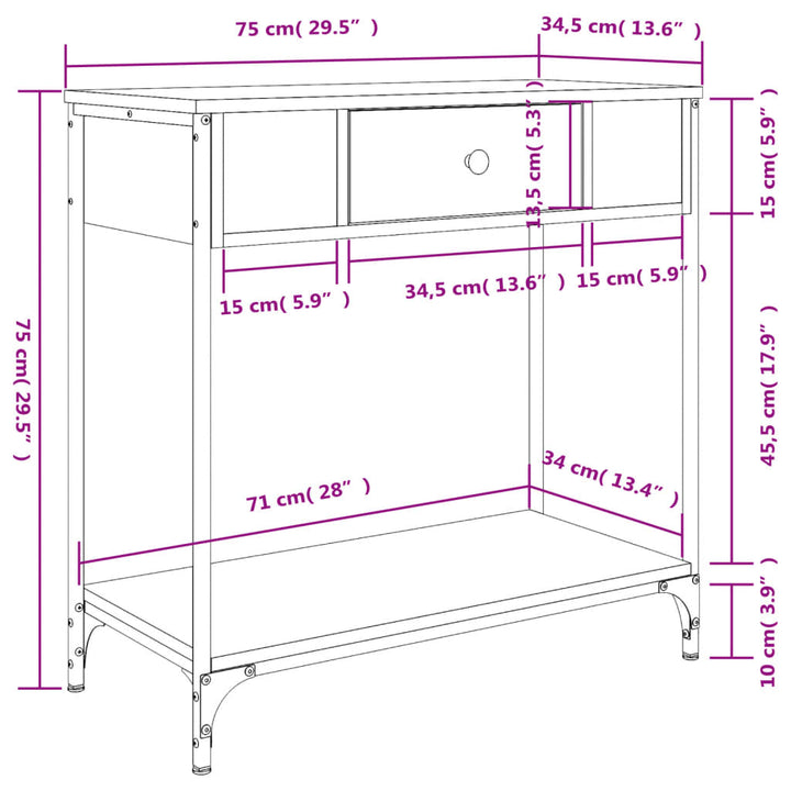 konsolbord 75x34,5x75 cm konstrueret træ røget egetræsfarve