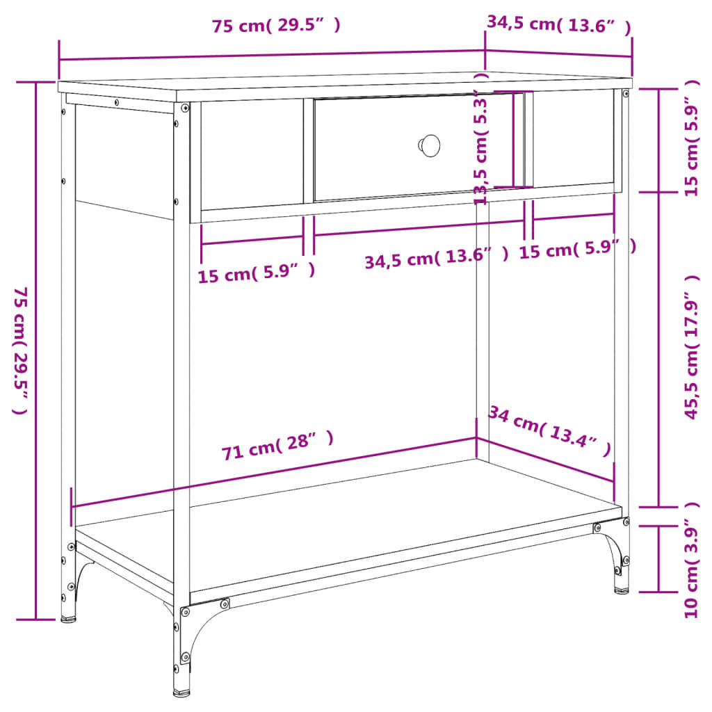 konsolbord 75x34,5x75 cm konstrueret træ brunt egetræ