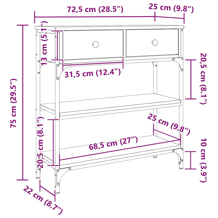 konsolbord 72,5x25x75 cm konstrueret træ røget egetræsfarve