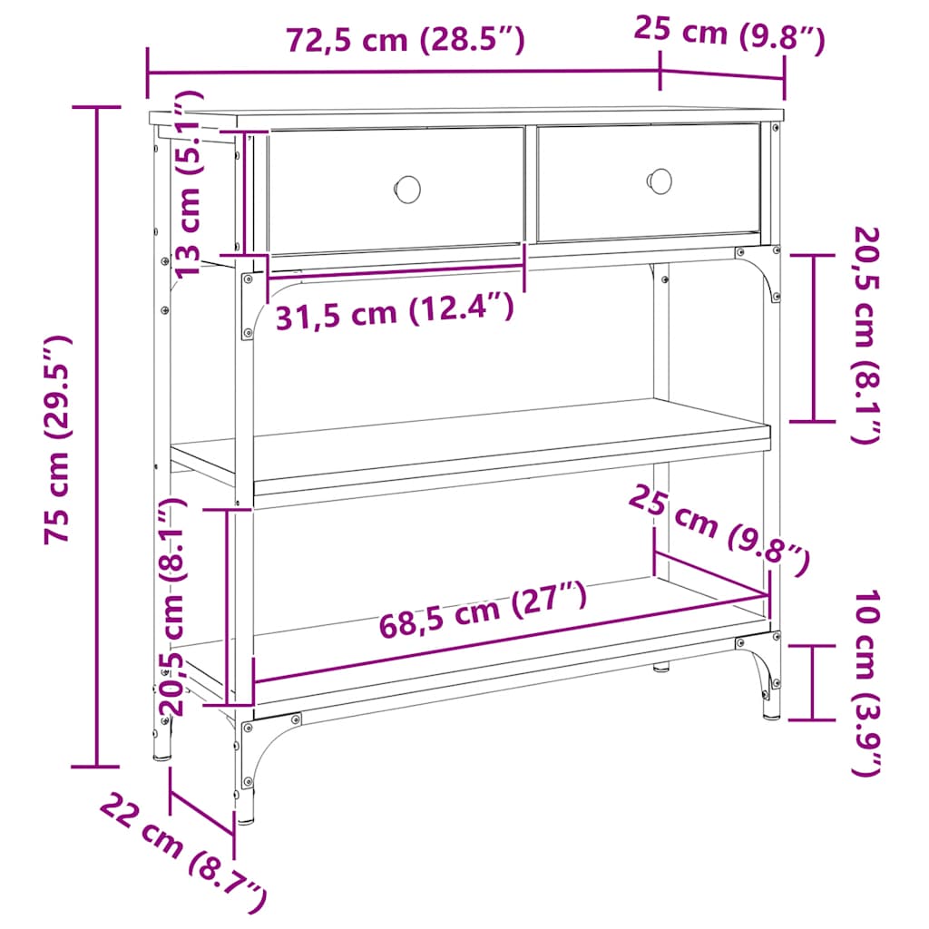 konsolbord 72,5x25x75 cm konstrueret træ grå sonoma-eg
