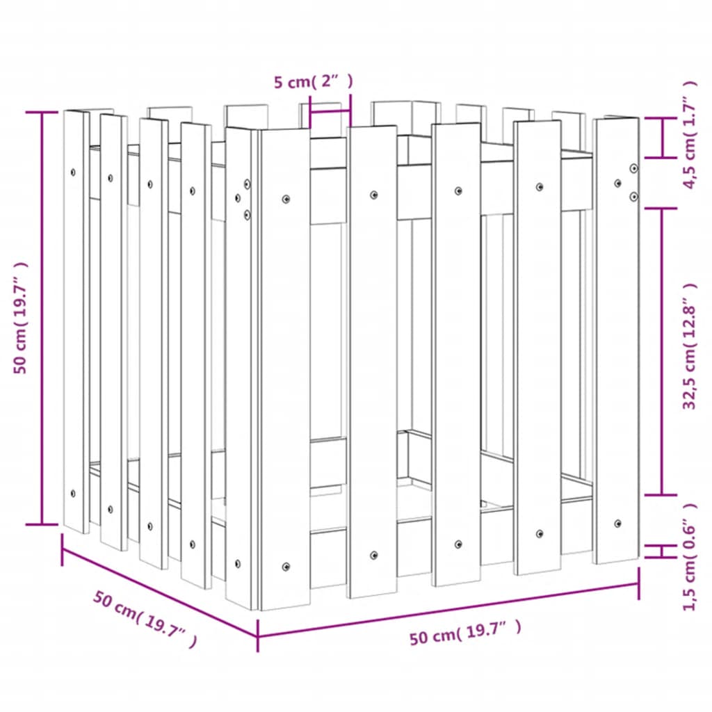 plantekasse med stakitdesign 50x50x50 cm massivt fyrretræ hvid