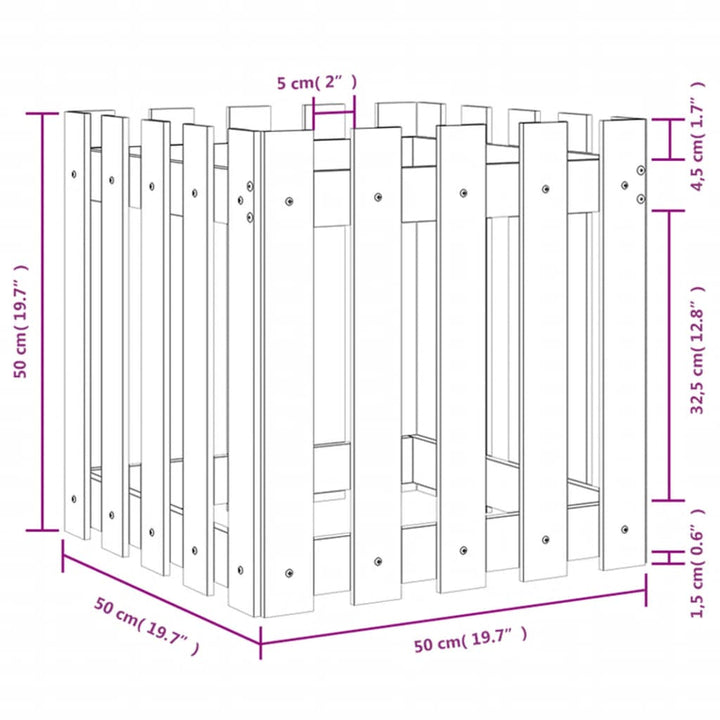 plantekasse med stakitdesign 50x50x50 cm massivt fyrretræ hvid