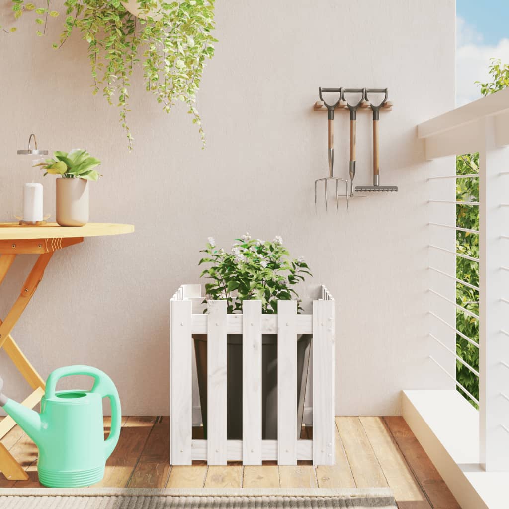 plantekasse med stakitdesign 50x50x50 cm massivt fyrretræ hvid