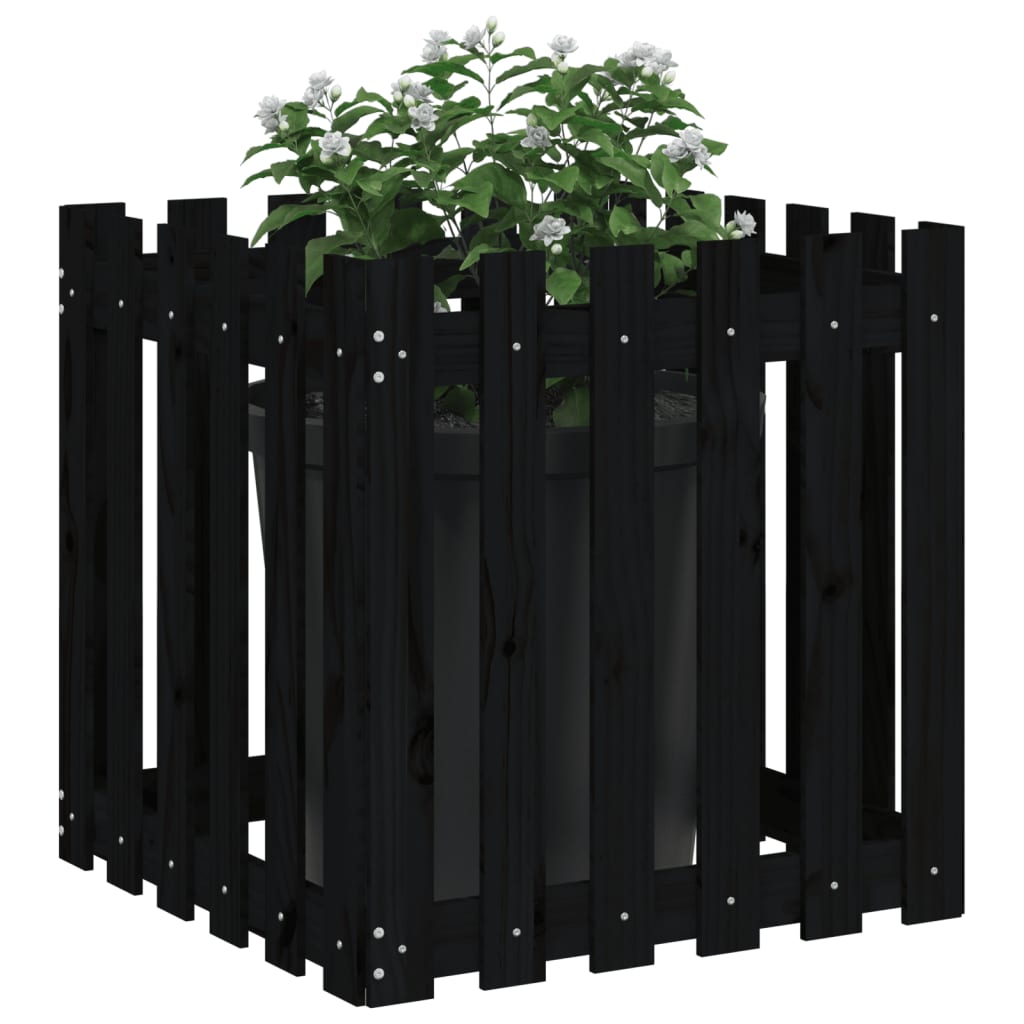 plantekasse med stakitdesign 60x60x60 cm massivt fyrretræ sort