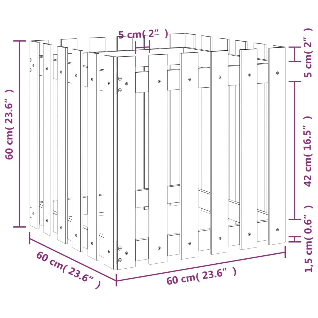 plantekasse med stakitdesign 60x60x60 cm massivt fyrretræ sort