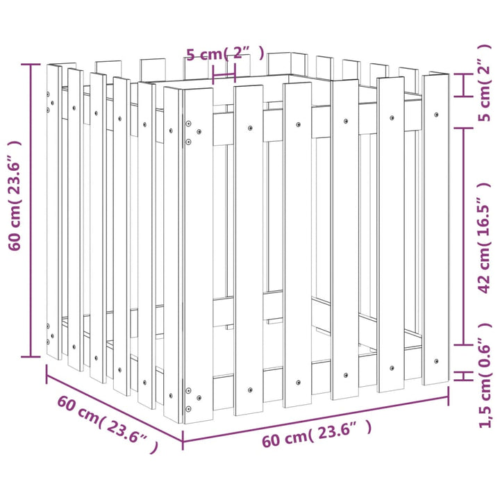 plantekasse med stakitdesign 60x60x60 cm massivt fyrretræ sort
