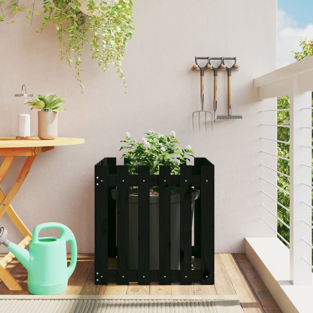 plantekasse med stakitdesign 60x60x60 cm massivt fyrretræ sort