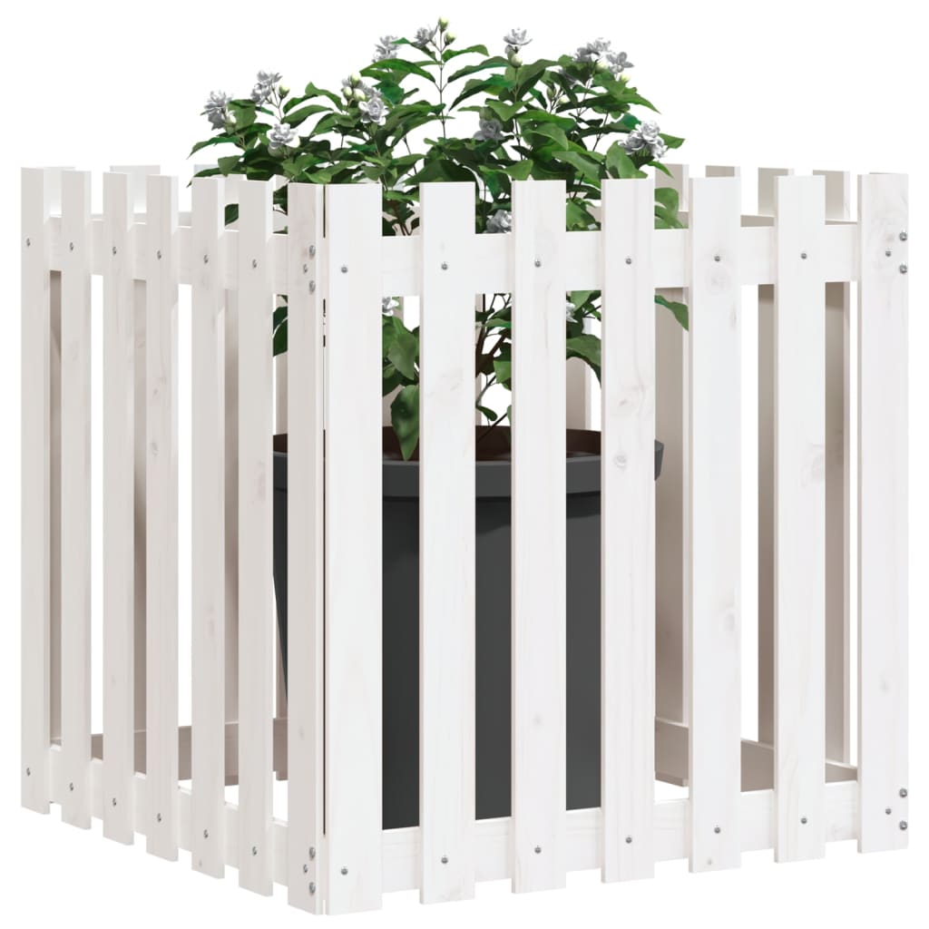 plantekasse med stakitdesign 70x70x70 cm massivt fyrretræ hvid
