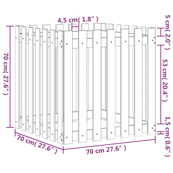 plantekasse med stakitdesign 70x70x70 cm massivt fyrretræ hvid