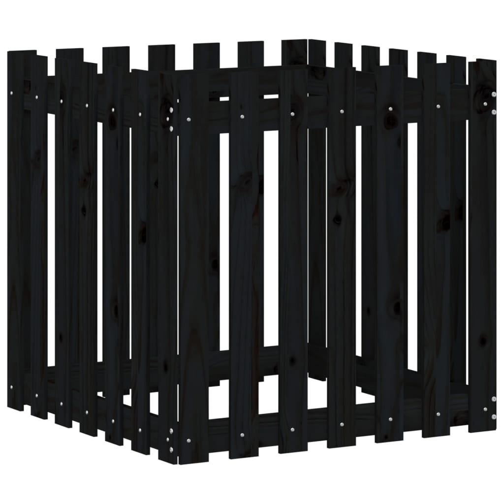 plantekasse med stakitdesign 70x70x70 cm massivt fyrretræ sort