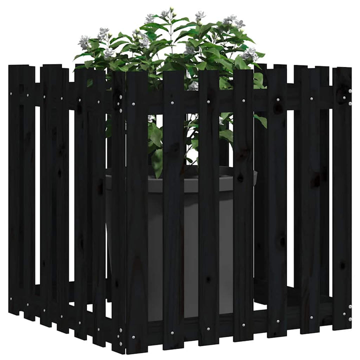plantekasse med stakitdesign 70x70x70 cm massivt fyrretræ sort