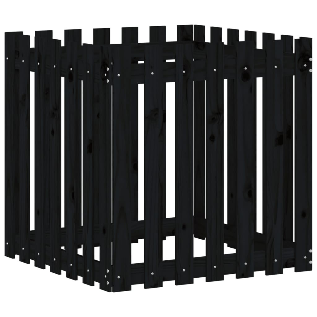 plantekasse med stakitdesign 70x70x70 cm massivt fyrretræ sort