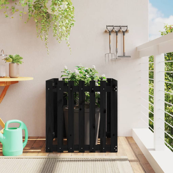 plantekasse med stakitdesign 70x70x70 cm massivt fyrretræ sort