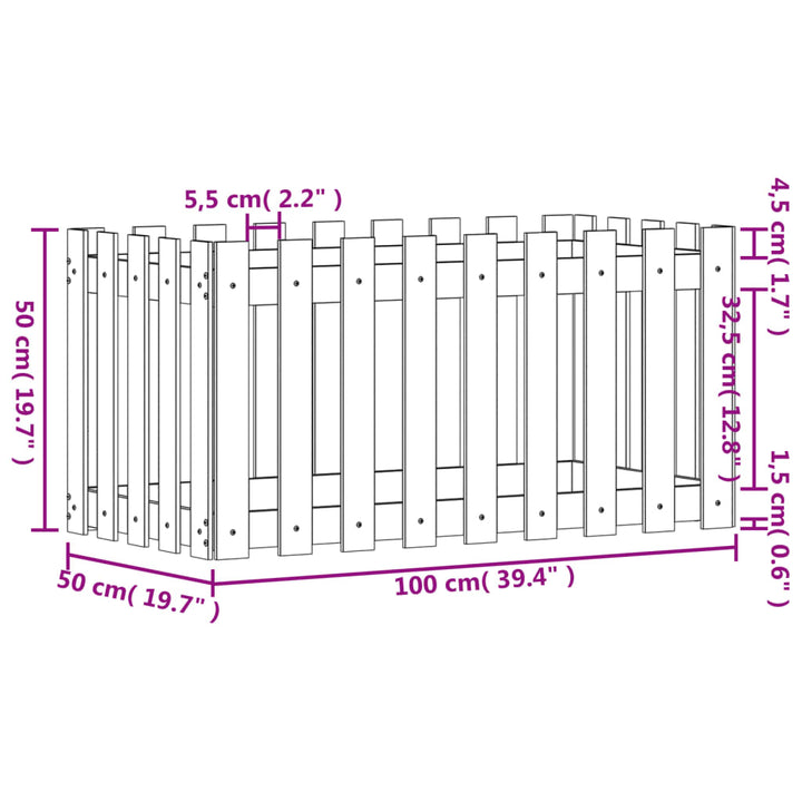 højbed med stakitdesign 100x50x50 cm massivt fyrretræ hvid